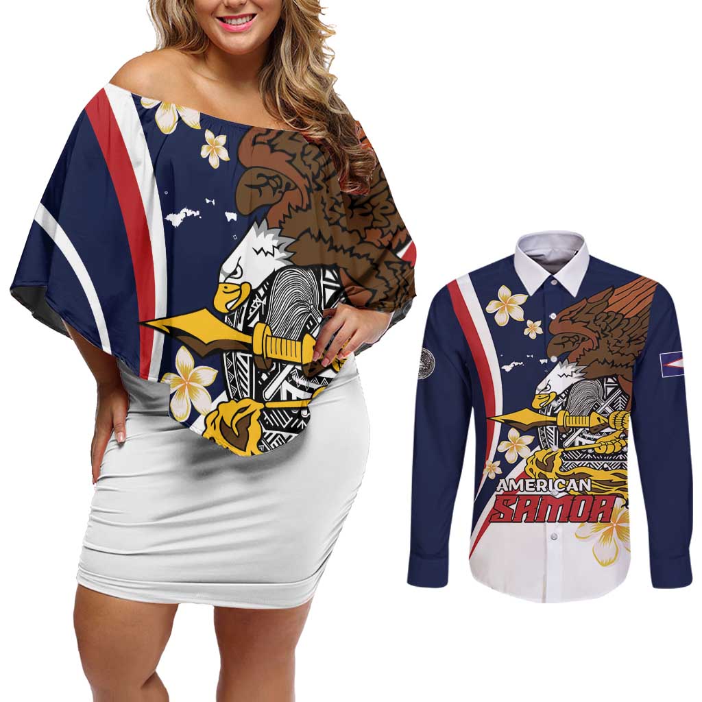 Personalized American Samoa Couples Matching Off Shoulder Short Dress and Long Sleeve Button Shirt Amerika Samoa Bald Eagle LT01 Blue - Polynesian Pride