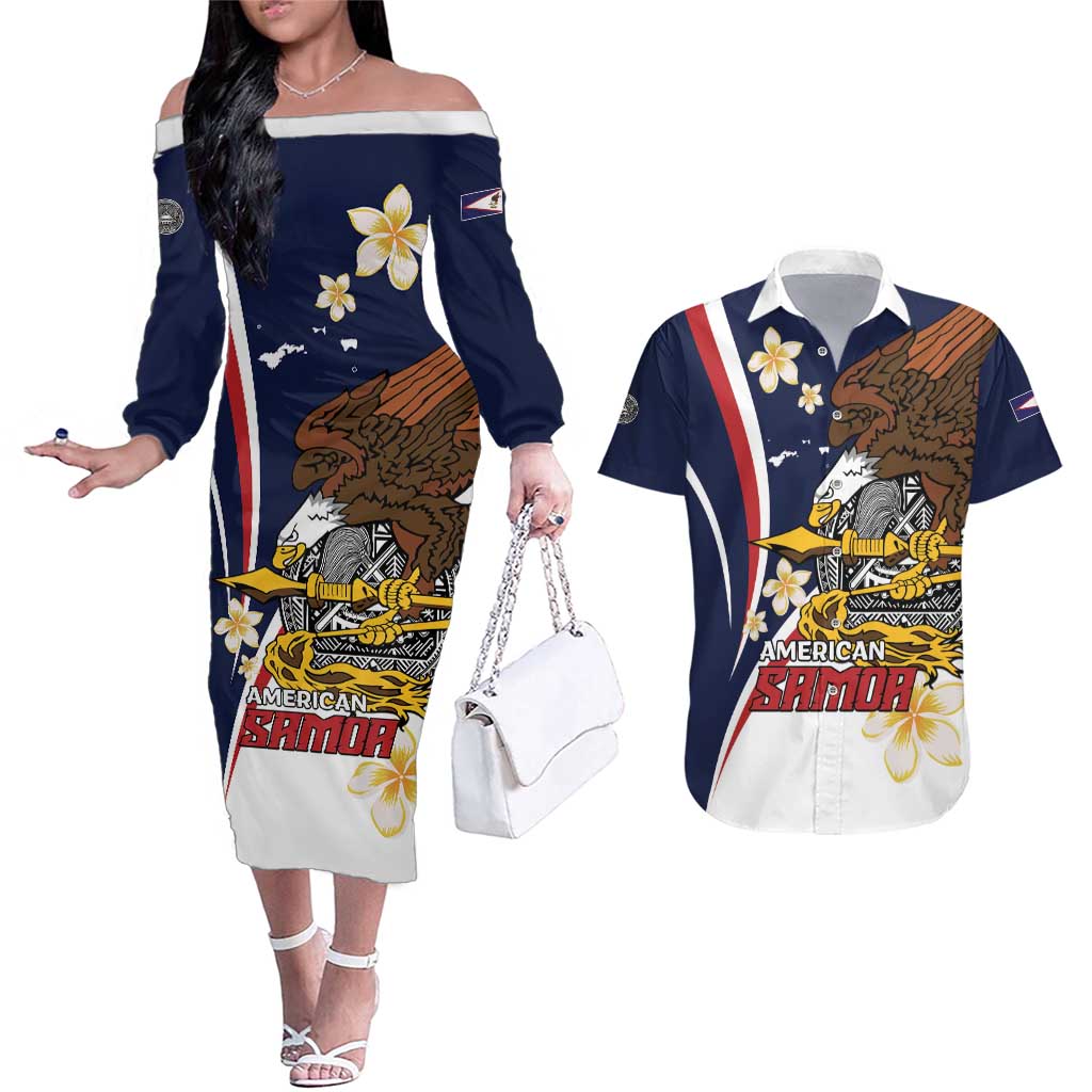 Personalized American Samoa Couples Matching Off The Shoulder Long Sleeve Dress and Hawaiian Shirt Amerika Samoa Bald Eagle LT01 Blue - Polynesian Pride