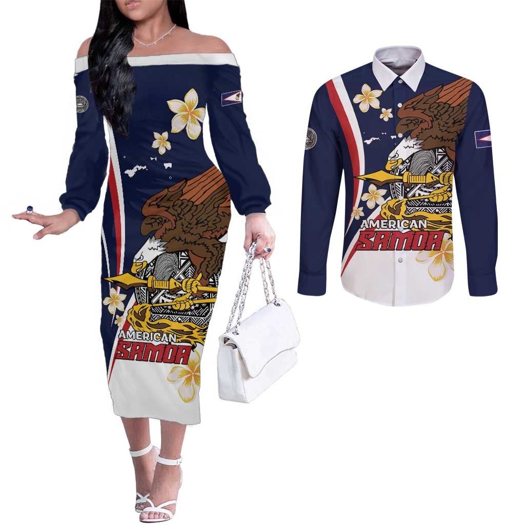 Personalized American Samoa Couples Matching Off The Shoulder Long Sleeve Dress and Long Sleeve Button Shirt Amerika Samoa Bald Eagle LT01 Blue - Polynesian Pride