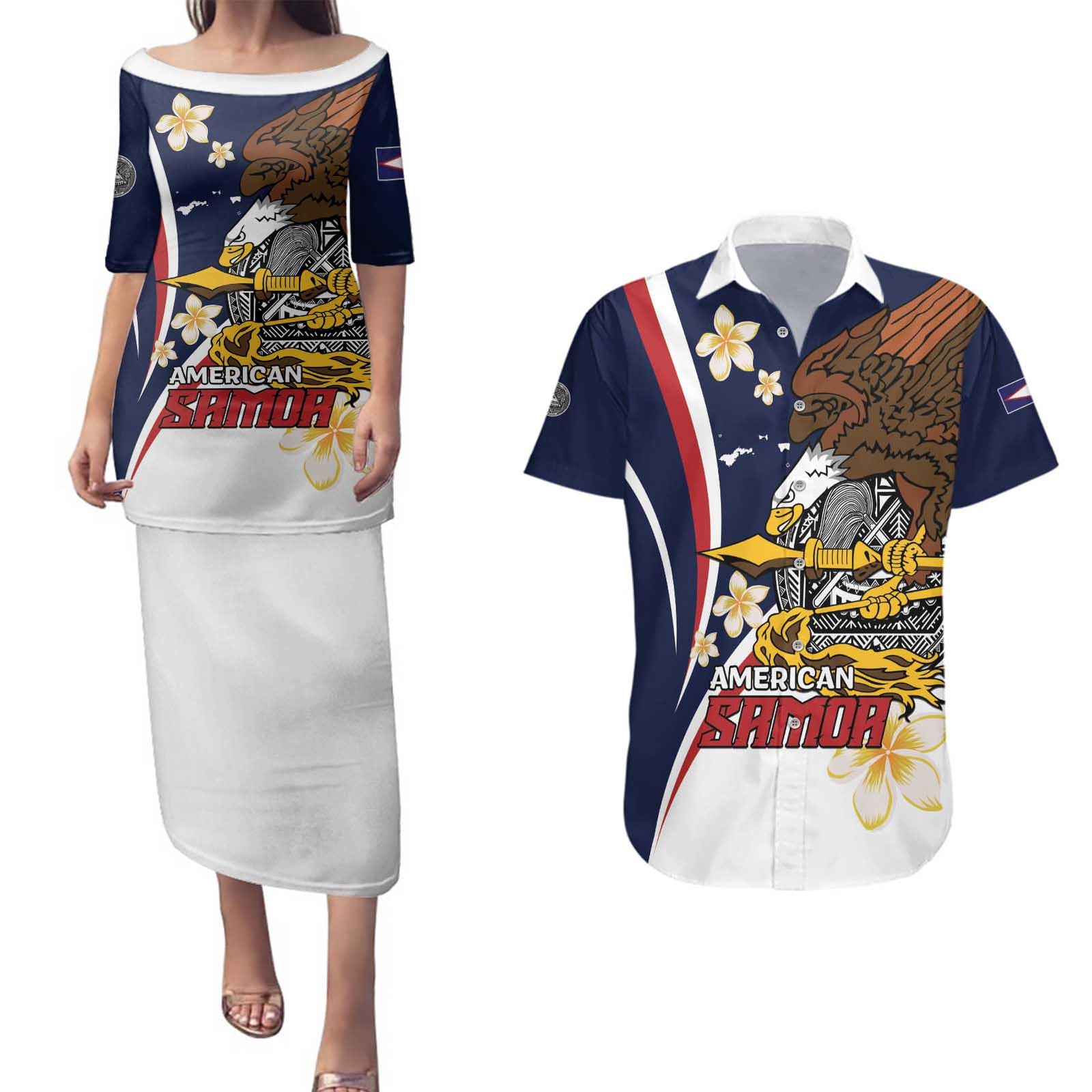 Personalized American Samoa Couples Matching Puletasi and Hawaiian Shirt Amerika Samoa Bald Eagle LT01 Blue - Polynesian Pride