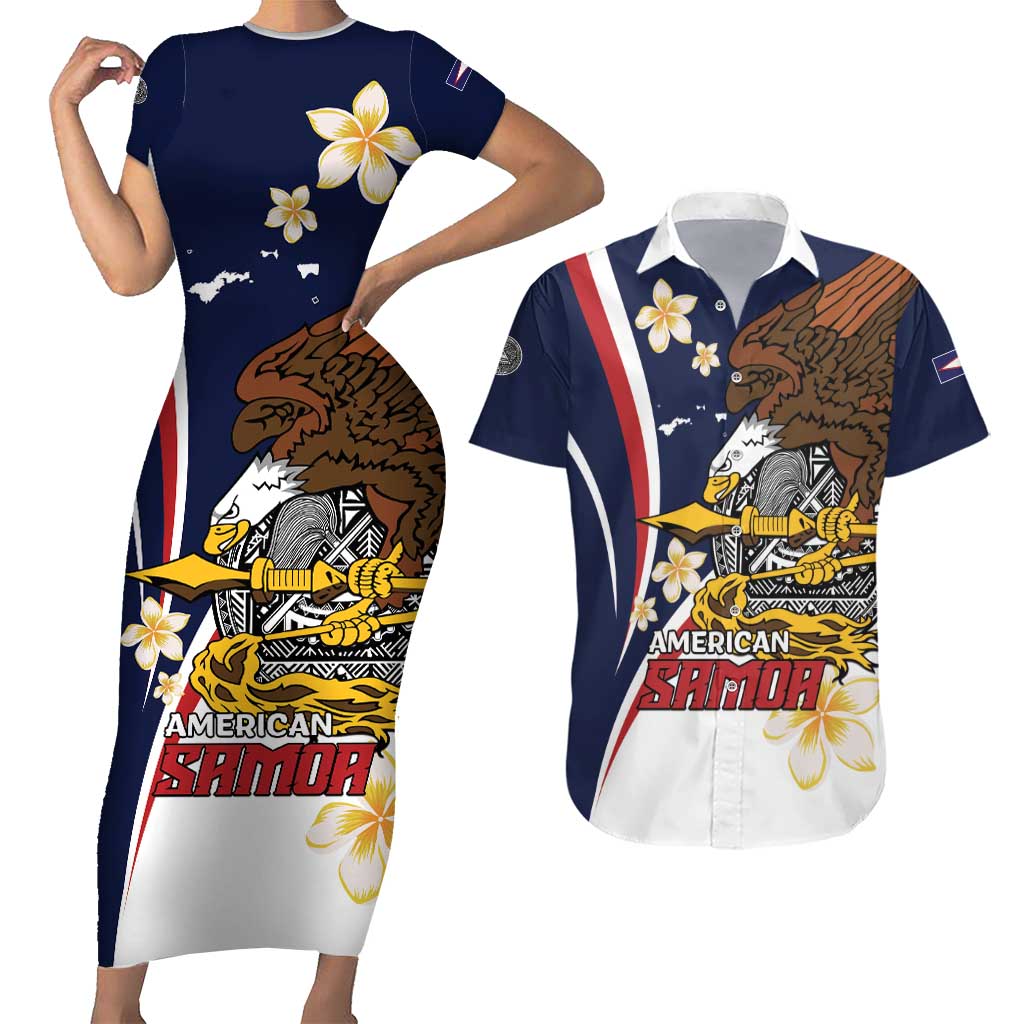 Personalized American Samoa Couples Matching Short Sleeve Bodycon Dress and Hawaiian Shirt Amerika Samoa Bald Eagle LT01 Blue - Polynesian Pride