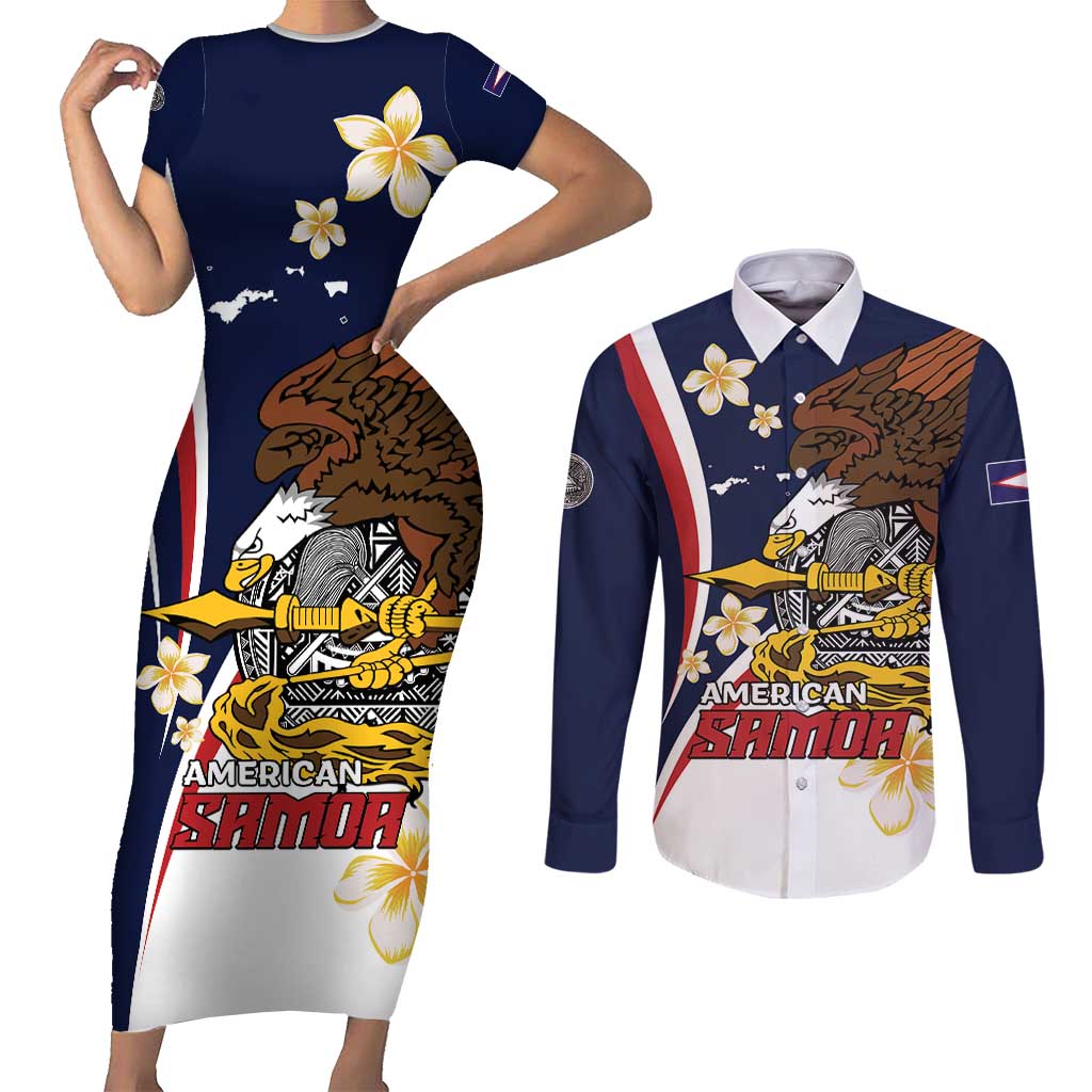 Personalized American Samoa Couples Matching Short Sleeve Bodycon Dress and Long Sleeve Button Shirt Amerika Samoa Bald Eagle LT01 Blue - Polynesian Pride