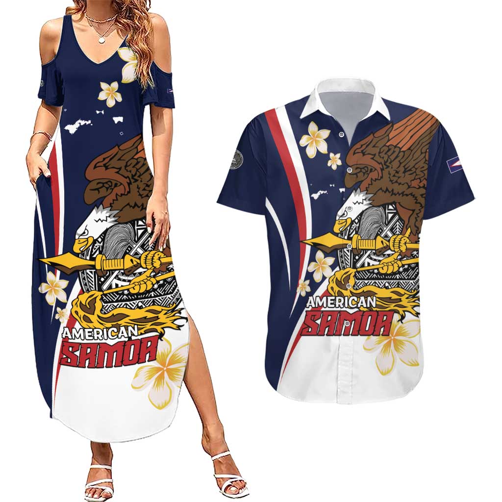 Personalized American Samoa Couples Matching Summer Maxi Dress and Hawaiian Shirt Amerika Samoa Bald Eagle LT01 Blue - Polynesian Pride