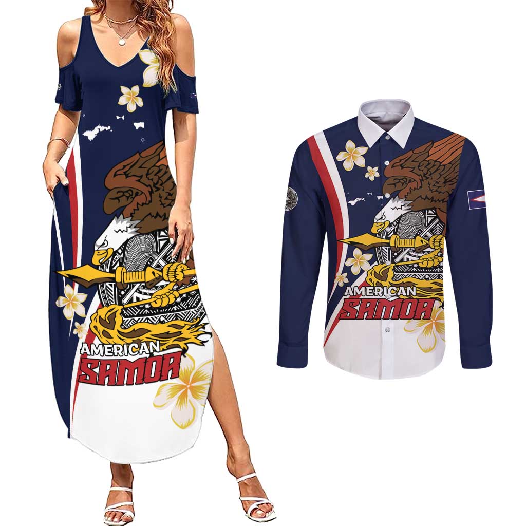 Personalized American Samoa Couples Matching Summer Maxi Dress and Long Sleeve Button Shirt Amerika Samoa Bald Eagle LT01 Blue - Polynesian Pride
