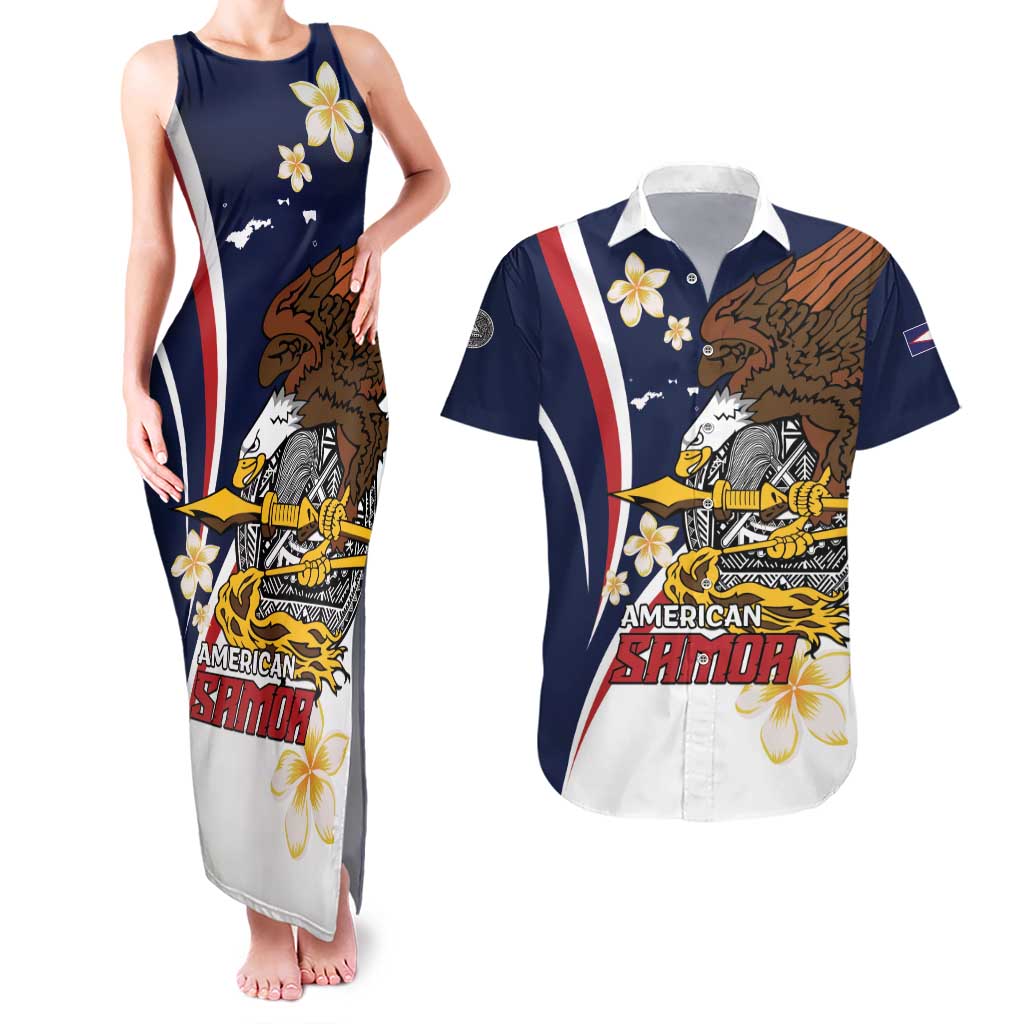 Personalized American Samoa Couples Matching Tank Maxi Dress and Hawaiian Shirt Amerika Samoa Bald Eagle LT01 Blue - Polynesian Pride