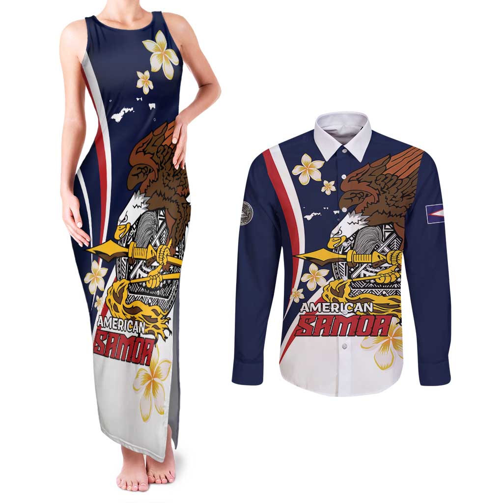 Personalized American Samoa Couples Matching Tank Maxi Dress and Long Sleeve Button Shirt Amerika Samoa Bald Eagle LT01 Blue - Polynesian Pride