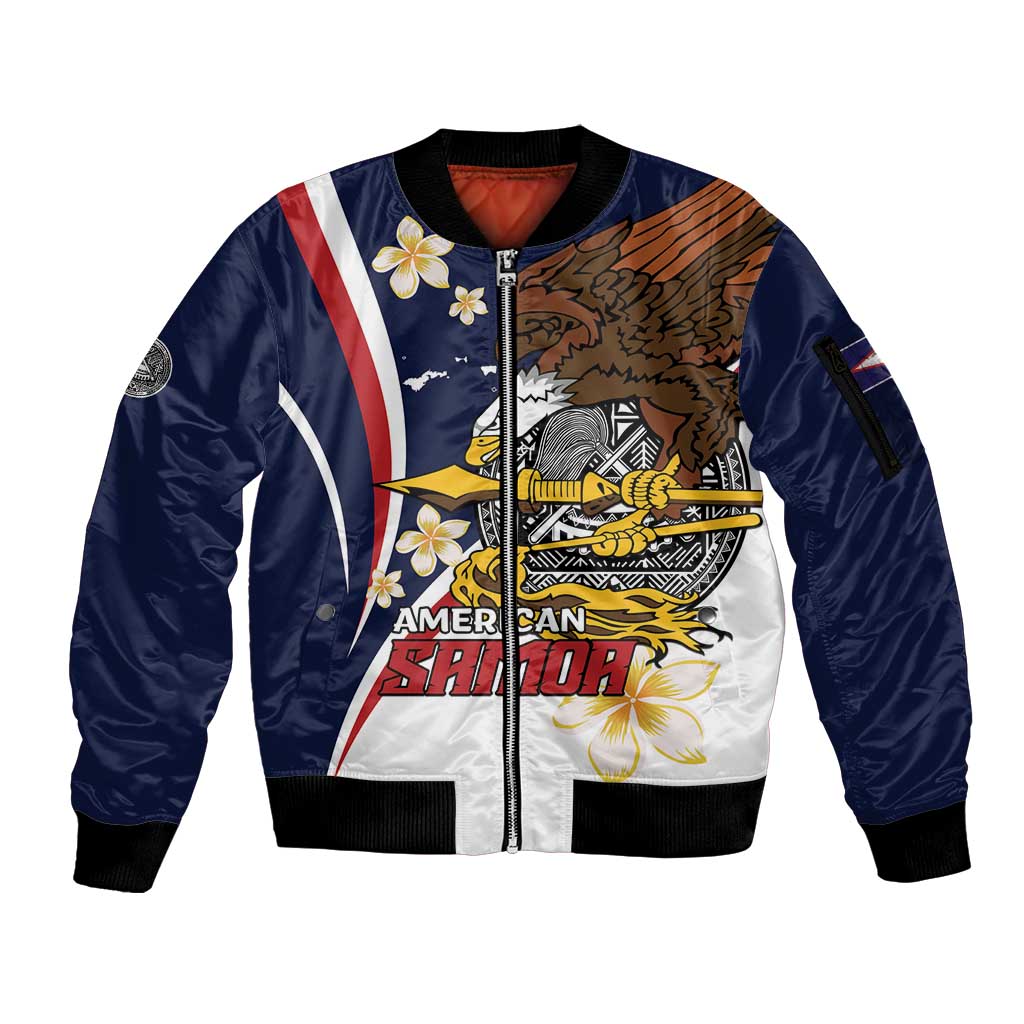 Personalized American Samoa Sleeve Zip Bomber Jacket Amerika Samoa Bald Eagle LT01 Unisex Blue - Polynesian Pride