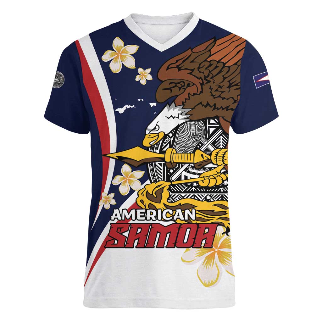 Personalized American Samoa Women V-Neck T-Shirt Amerika Samoa Bald Eagle LT01 Female Blue - Polynesian Pride