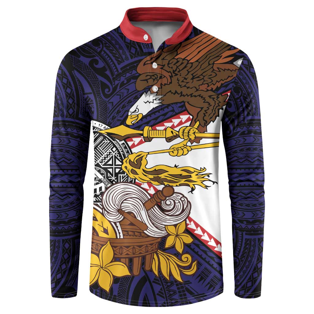 American Samoa Eagle Kava Bowl Button Sweatshirt Plumeria Polynesian Pattern LT01 Black - Polynesian Pride