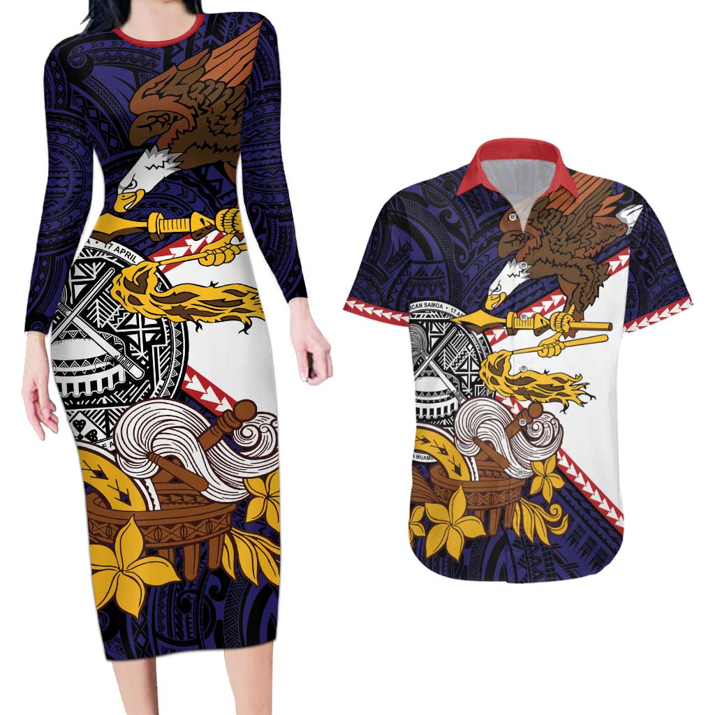 American Samoa Eagle Kava Bowl Couples Matching Long Sleeve Bodycon Dress and Hawaiian Shirt Plumeria Polynesian Pattern LT01 Black - Polynesian Pride