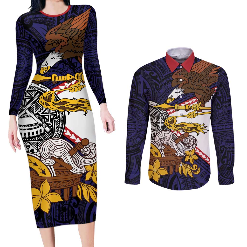 American Samoa Eagle Kava Bowl Couples Matching Long Sleeve Bodycon Dress and Long Sleeve Button Shirt Plumeria Polynesian Pattern LT01 Black - Polynesian Pride