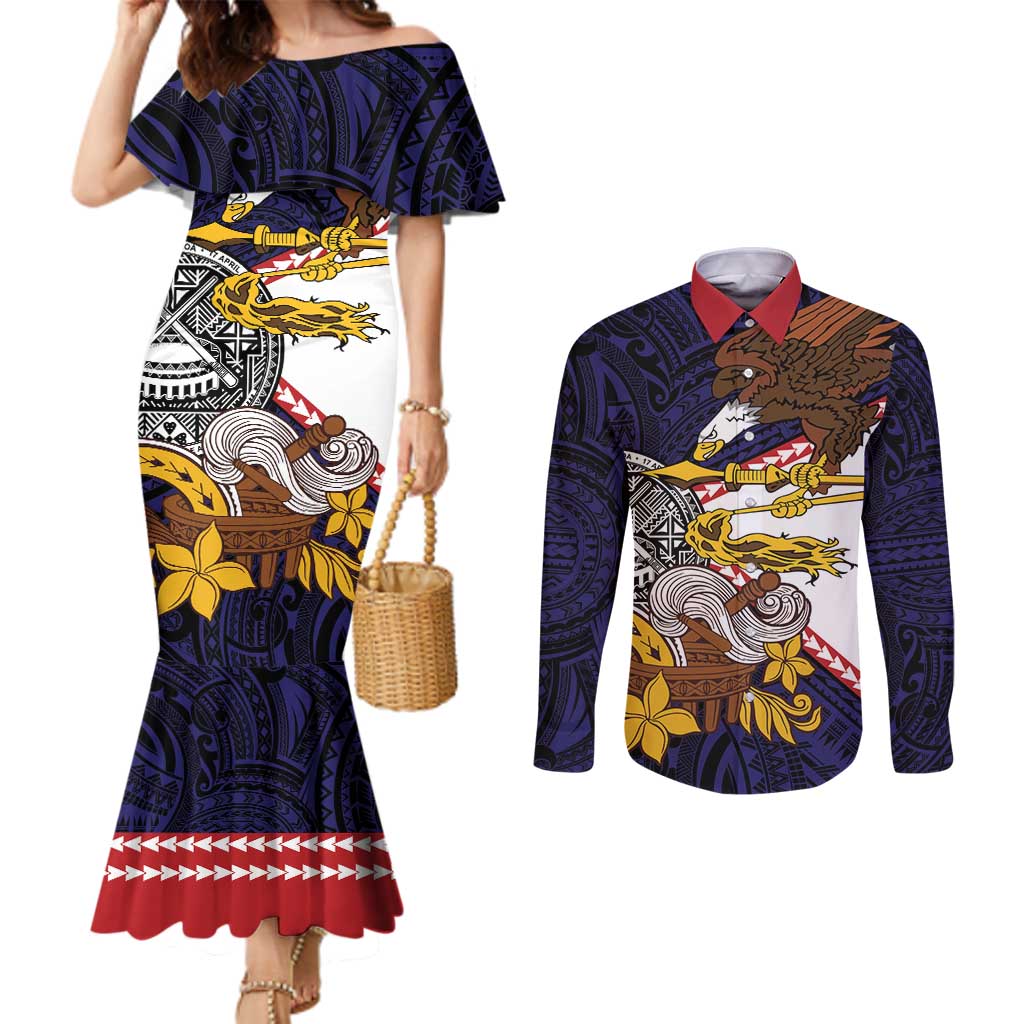 American Samoa Eagle Kava Bowl Couples Matching Mermaid Dress and Long Sleeve Button Shirt Plumeria Polynesian Pattern LT01 Black - Polynesian Pride