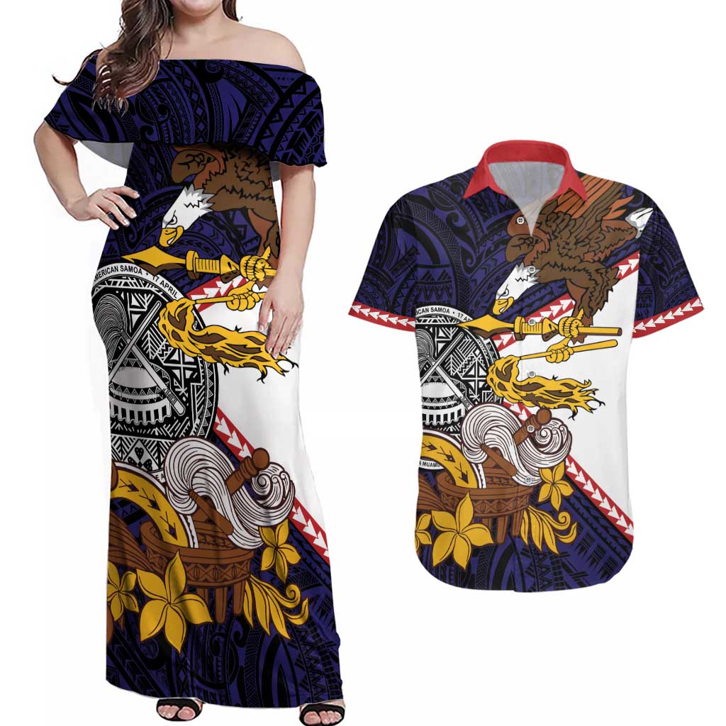 American Samoa Eagle Kava Bowl Couples Matching Off Shoulder Maxi Dress and Hawaiian Shirt Plumeria Polynesian Pattern LT01 Black - Polynesian Pride