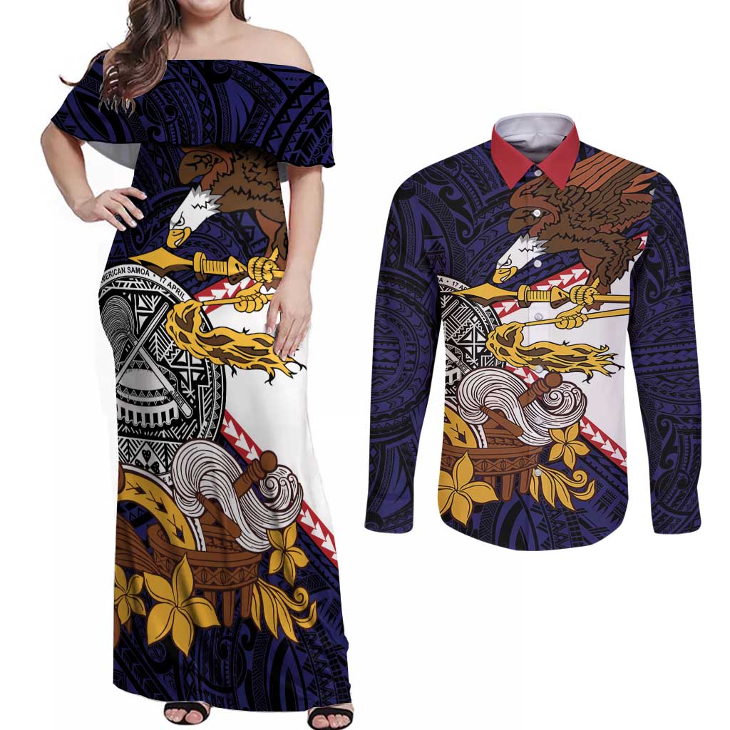American Samoa Eagle Kava Bowl Couples Matching Off Shoulder Maxi Dress and Long Sleeve Button Shirt Plumeria Polynesian Pattern LT01 Black - Polynesian Pride