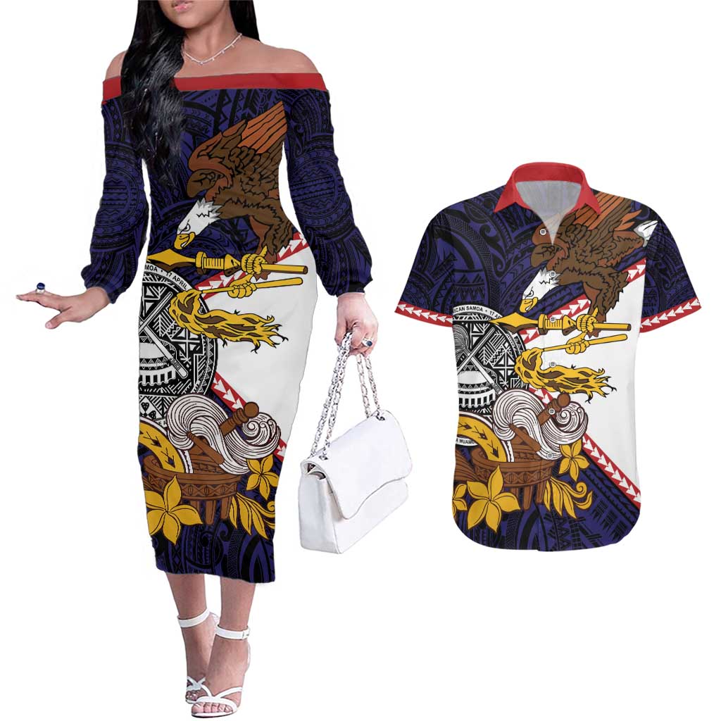 American Samoa Eagle Kava Bowl Couples Matching Off The Shoulder Long Sleeve Dress and Hawaiian Shirt Plumeria Polynesian Pattern LT01 Black - Polynesian Pride