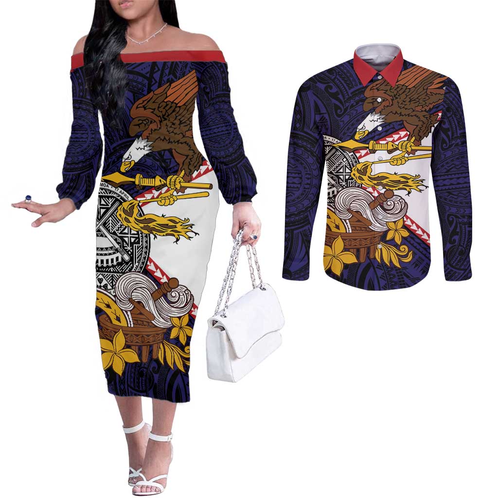 American Samoa Eagle Kava Bowl Couples Matching Off The Shoulder Long Sleeve Dress and Long Sleeve Button Shirt Plumeria Polynesian Pattern LT01 Black - Polynesian Pride