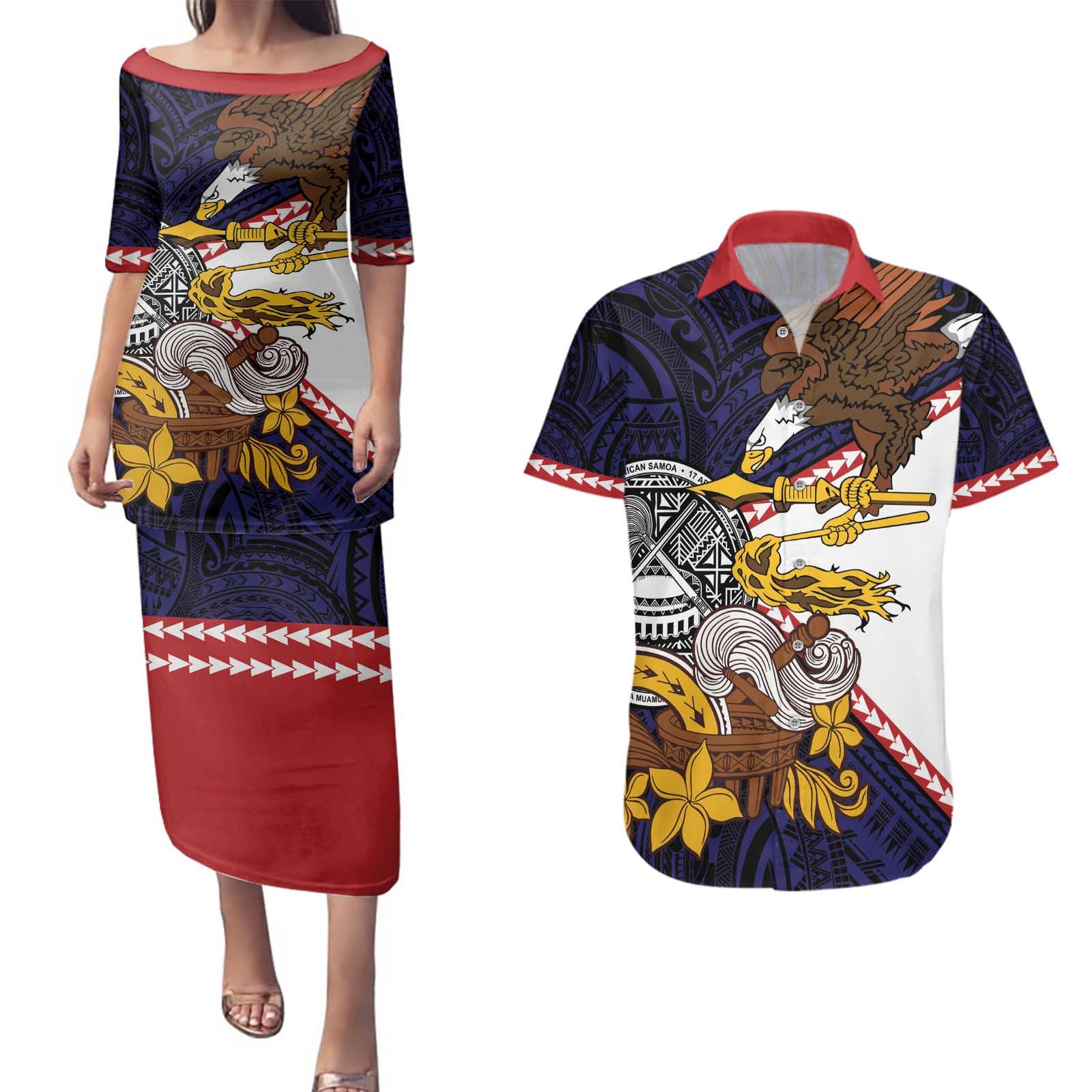 American Samoa Eagle Kava Bowl Couples Matching Puletasi and Hawaiian Shirt Plumeria Polynesian Pattern LT01 Black - Polynesian Pride