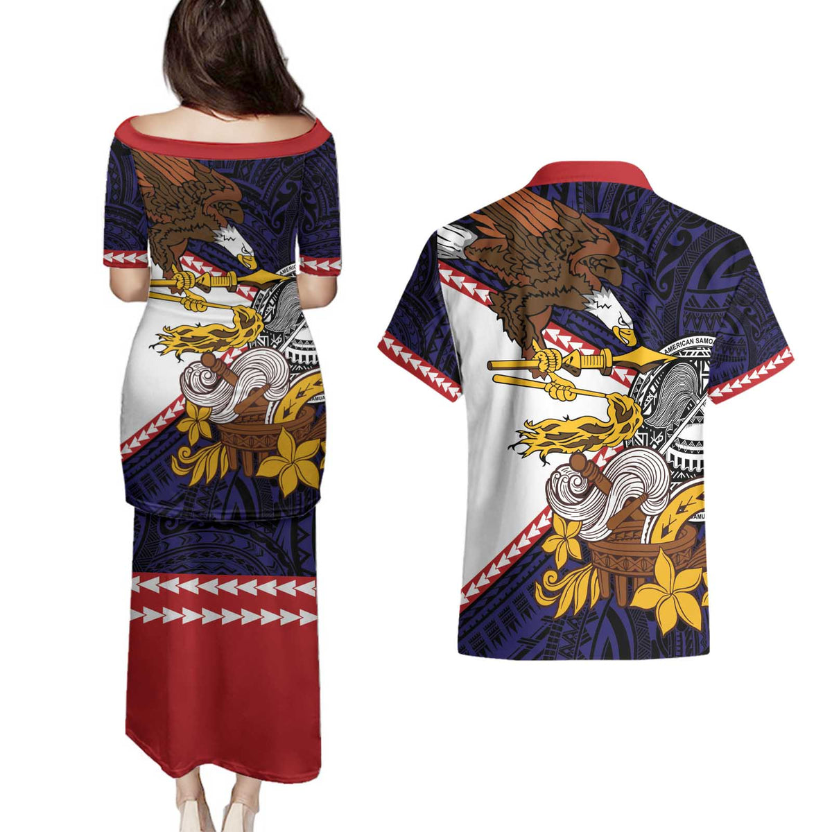 American Samoa Eagle Kava Bowl Couples Matching Puletasi and Hawaiian Shirt Plumeria Polynesian Pattern