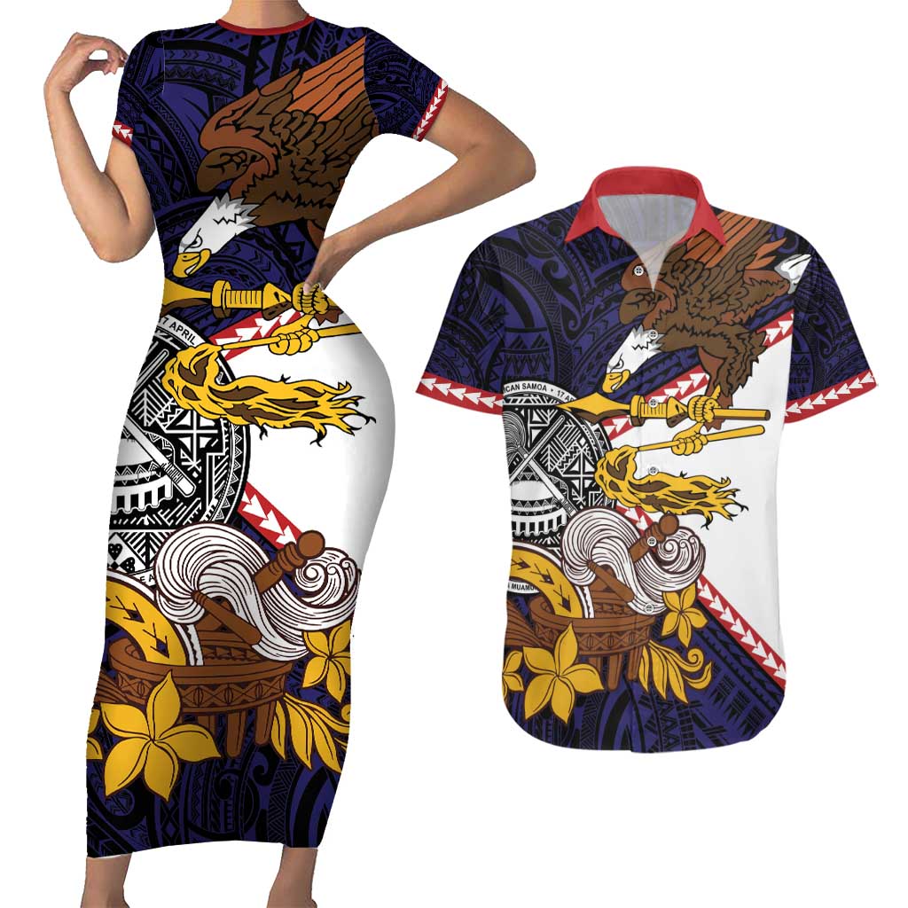 American Samoa Eagle Kava Bowl Couples Matching Short Sleeve Bodycon Dress and Hawaiian Shirt Plumeria Polynesian Pattern LT01 Black - Polynesian Pride