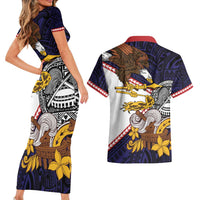 American Samoa Eagle Kava Bowl Couples Matching Short Sleeve Bodycon Dress and Hawaiian Shirt Plumeria Polynesian Pattern