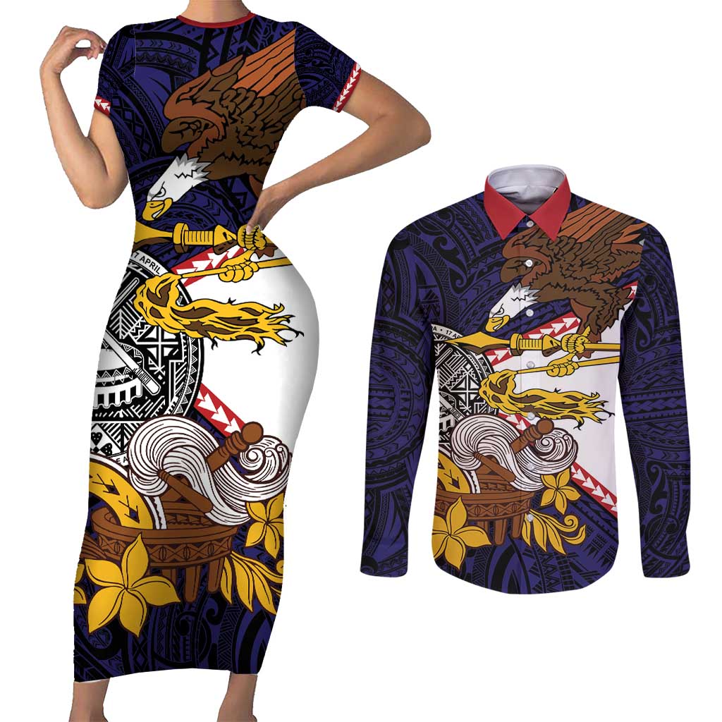 American Samoa Eagle Kava Bowl Couples Matching Short Sleeve Bodycon Dress and Long Sleeve Button Shirt Plumeria Polynesian Pattern LT01 Black - Polynesian Pride