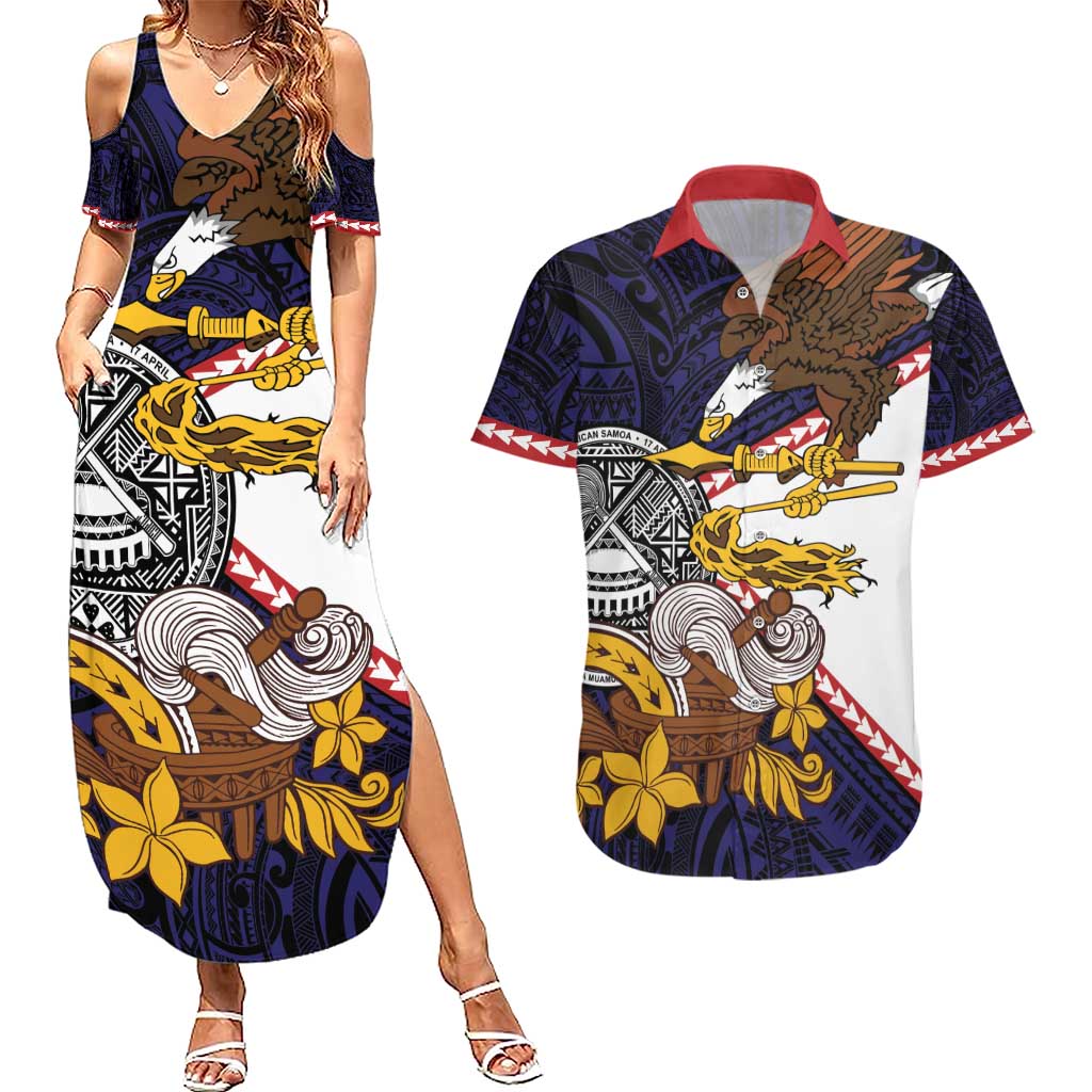 American Samoa Eagle Kava Bowl Couples Matching Summer Maxi Dress and Hawaiian Shirt Plumeria Polynesian Pattern LT01 Black - Polynesian Pride