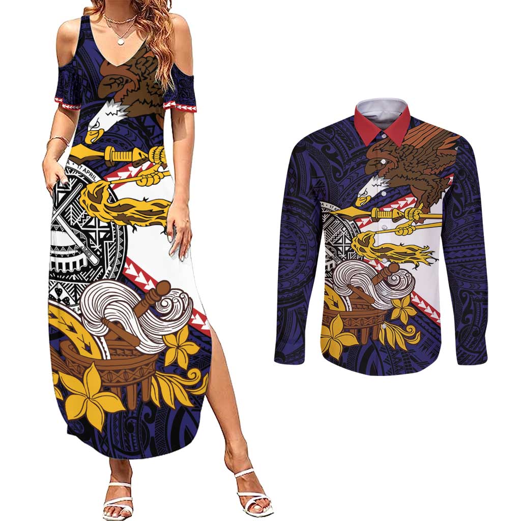 American Samoa Eagle Kava Bowl Couples Matching Summer Maxi Dress and Long Sleeve Button Shirt Plumeria Polynesian Pattern LT01 Black - Polynesian Pride