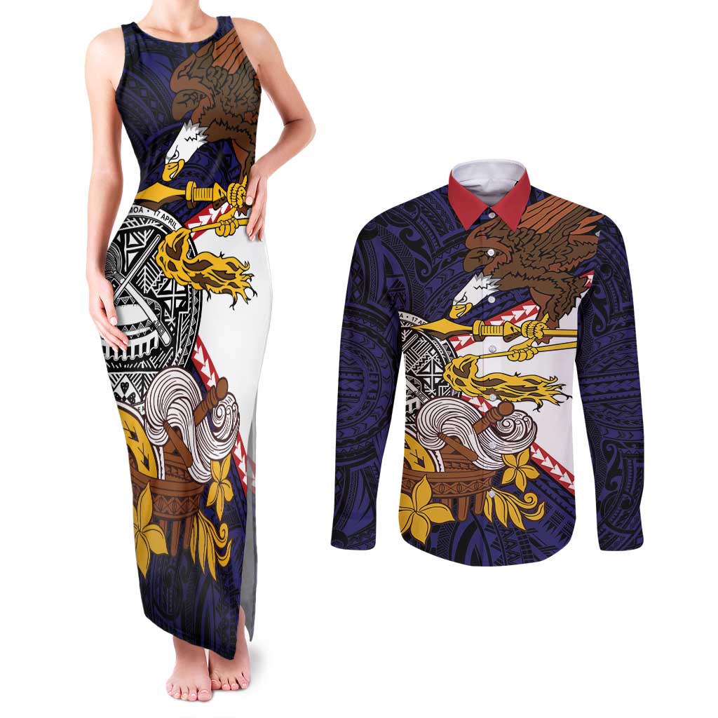 American Samoa Eagle Kava Bowl Couples Matching Tank Maxi Dress and Long Sleeve Button Shirt Plumeria Polynesian Pattern LT01 Black - Polynesian Pride