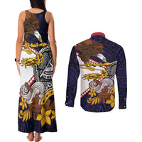 American Samoa Eagle Kava Bowl Couples Matching Tank Maxi Dress and Long Sleeve Button Shirt Plumeria Polynesian Pattern