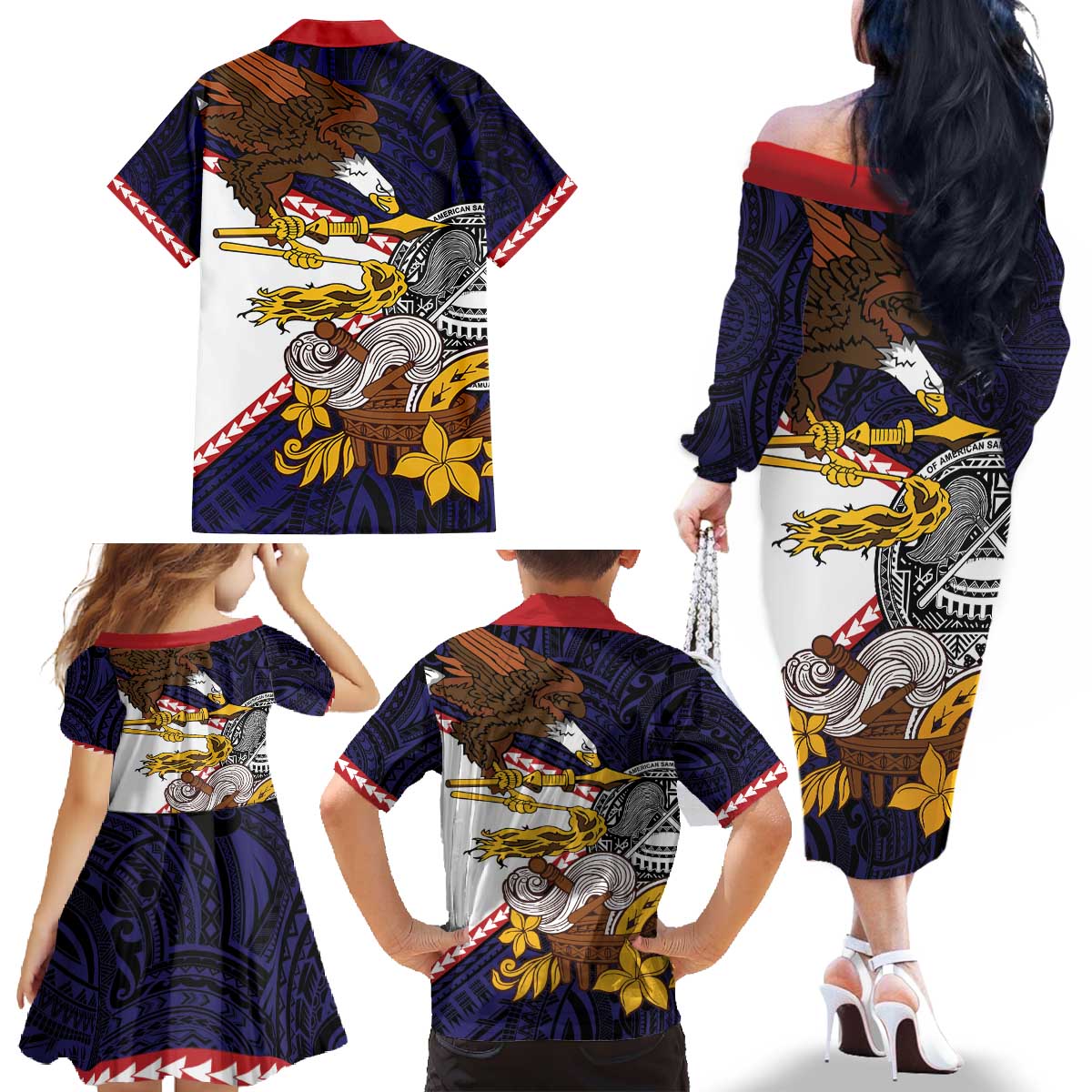 American Samoa Eagle Kava Bowl Family Matching Off The Shoulder Long Sleeve Dress and Hawaiian Shirt Plumeria Polynesian Pattern
