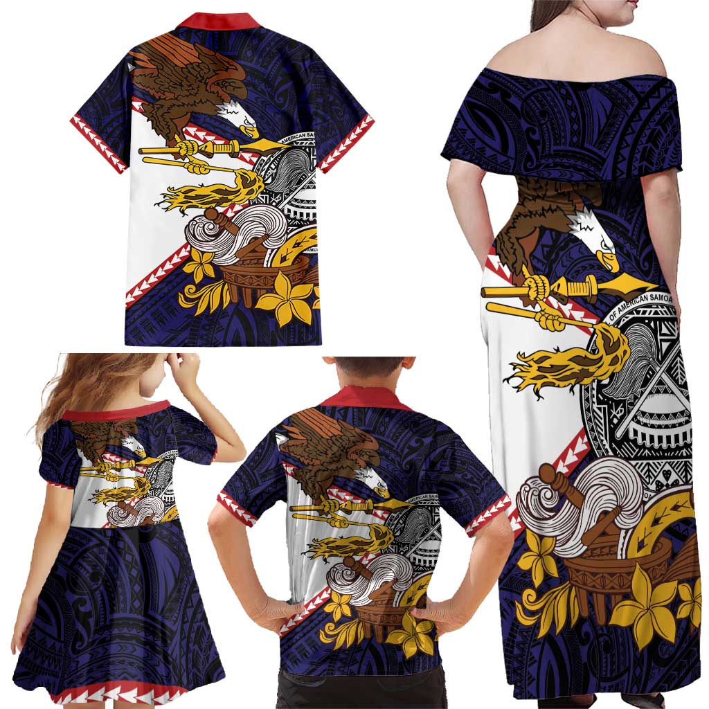 American Samoa Eagle Kava Bowl Family Matching Off Shoulder Maxi Dress and Hawaiian Shirt Plumeria Polynesian Pattern