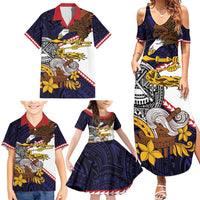 American Samoa Eagle Kava Bowl Family Matching Summer Maxi Dress and Hawaiian Shirt Plumeria Polynesian Pattern