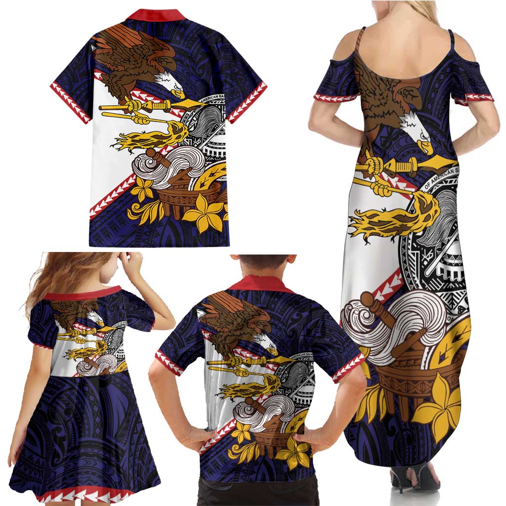 American Samoa Eagle Kava Bowl Family Matching Summer Maxi Dress and Hawaiian Shirt Plumeria Polynesian Pattern