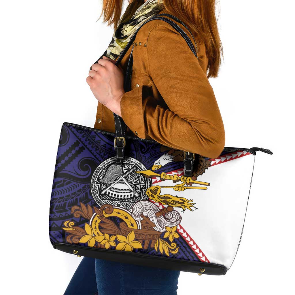 American Samoa Eagle Kava Bowl Leather Tote Bag Plumeria Polynesian Pattern LT01 Black - Polynesian Pride