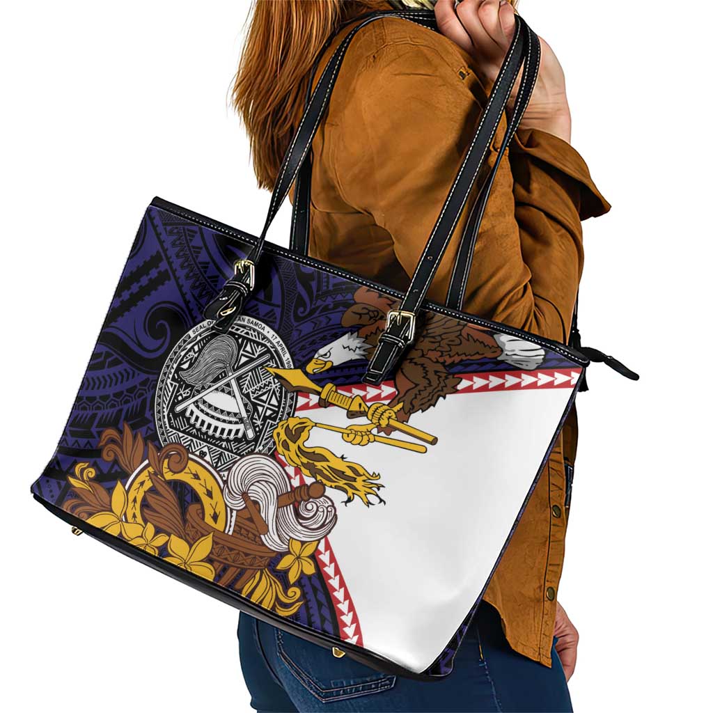 American Samoa Eagle Kava Bowl Leather Tote Bag Plumeria Polynesian Pattern