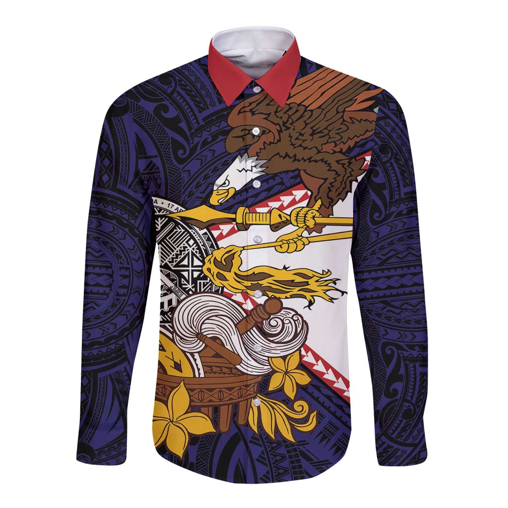 American Samoa Eagle Kava Bowl Long Sleeve Button Shirt Plumeria Polynesian Pattern LT01 Unisex Black - Polynesian Pride