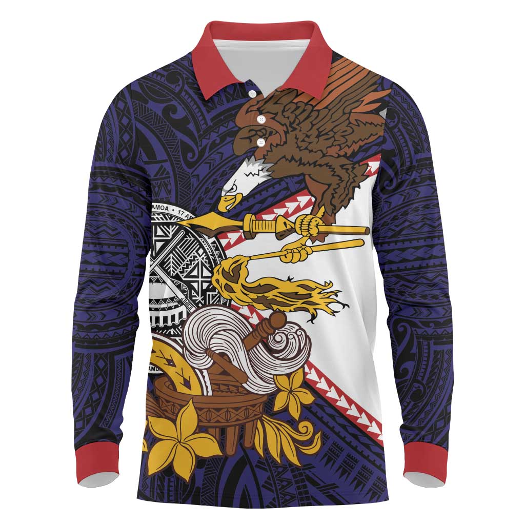 American Samoa Eagle Kava Bowl Long Sleeve Polo Shirt Plumeria Polynesian Pattern LT01 Black - Polynesian Pride