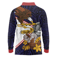 American Samoa Eagle Kava Bowl Long Sleeve Polo Shirt Plumeria Polynesian Pattern