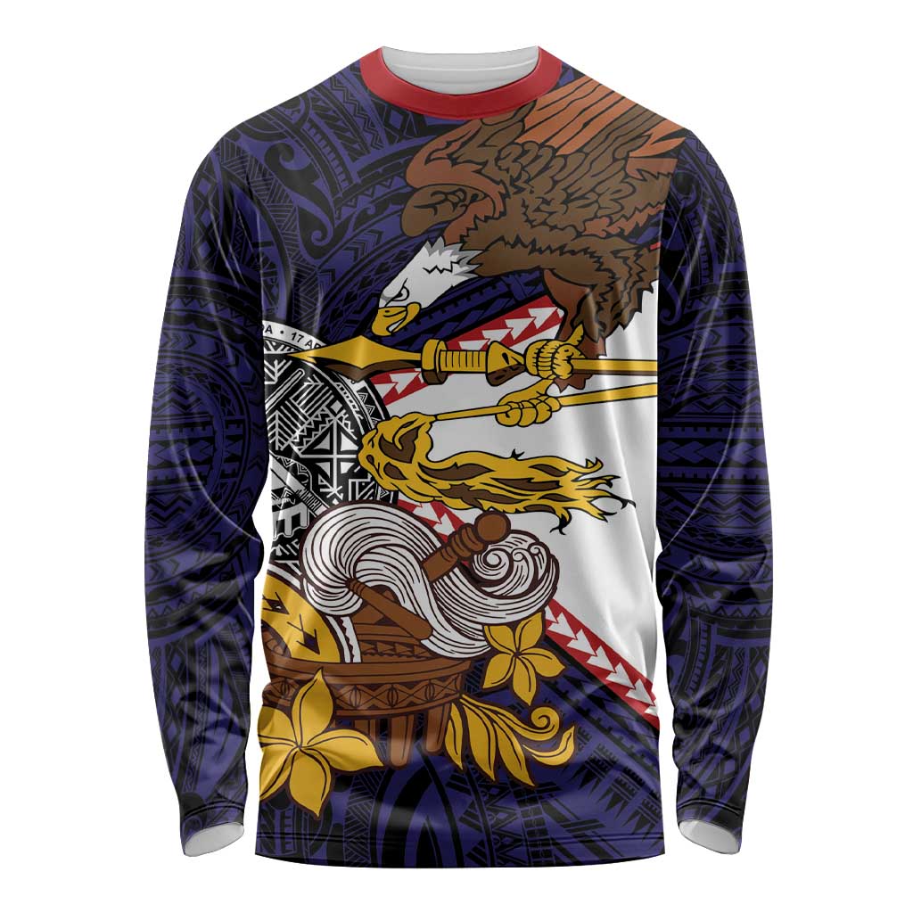 American Samoa Eagle Kava Bowl Long Sleeve Shirt Plumeria Polynesian Pattern LT01 Unisex Black - Polynesian Pride