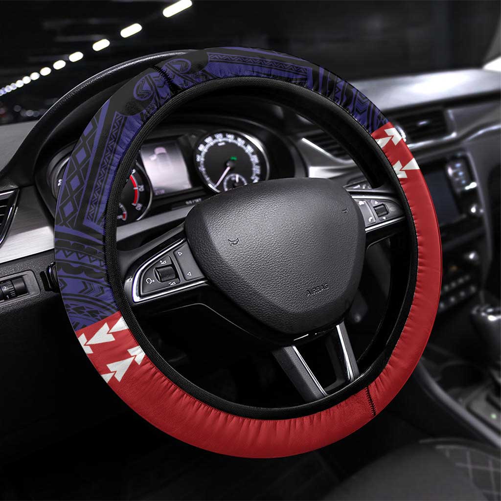 American Samoa Eagle Kava Bowl Steering Wheel Cover Plumeria Polynesian Pattern LT01 Universal Fit Black - Polynesian Pride