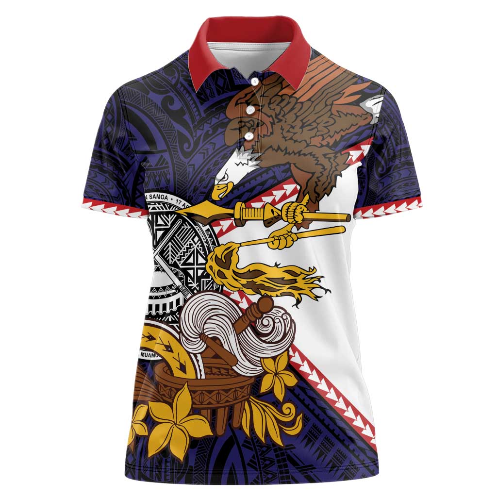 American Samoa Eagle Kava Bowl Women Polo Shirt Plumeria Polynesian Pattern