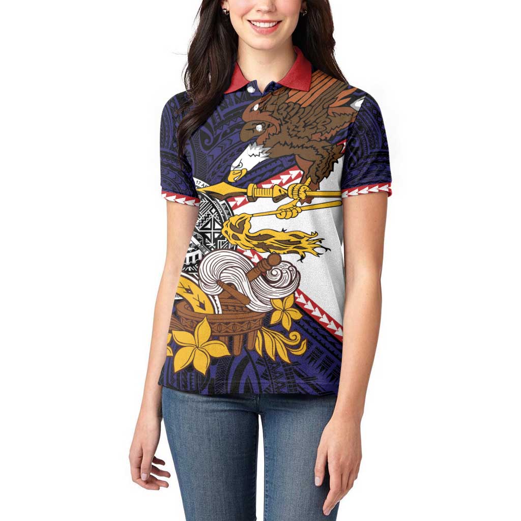American Samoa Eagle Kava Bowl Women Polo Shirt Plumeria Polynesian Pattern