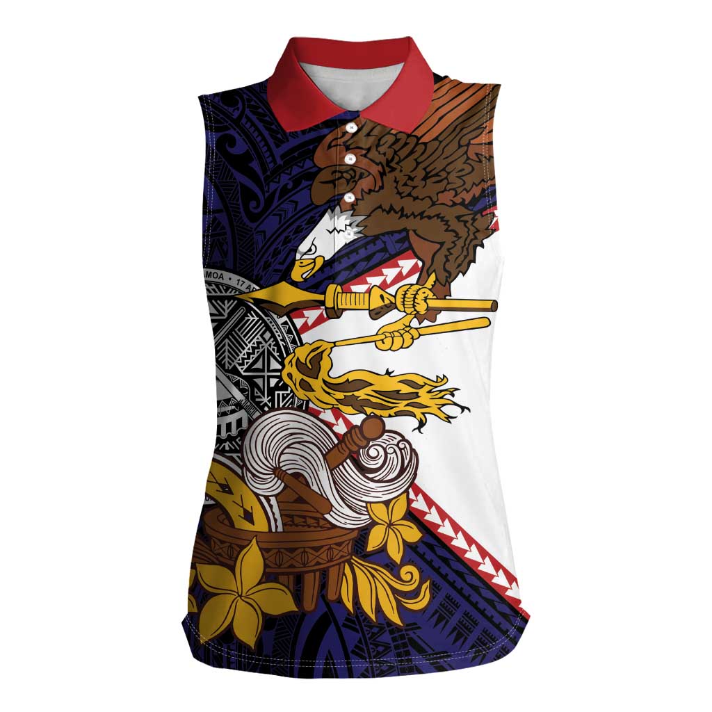 American Samoa Eagle Kava Bowl Women Sleeveless Polo Shirt Plumeria Polynesian Pattern LT01 Female Black - Polynesian Pride