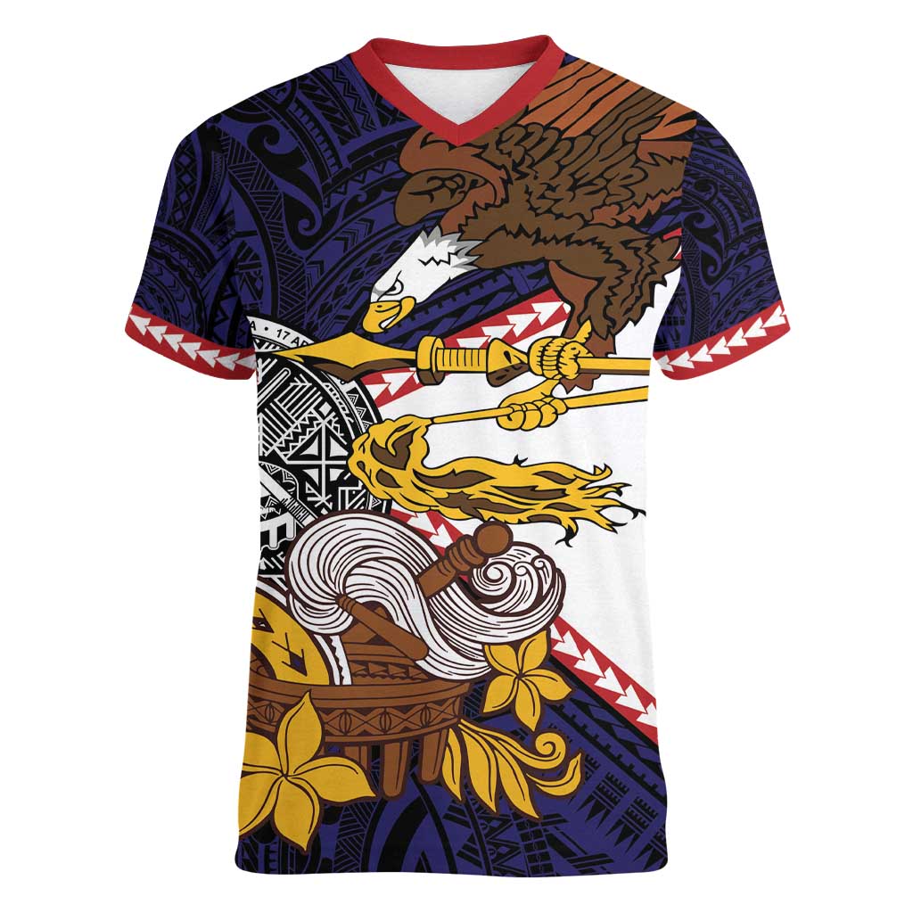 American Samoa Eagle Kava Bowl Women V-Neck T-Shirt Plumeria Polynesian Pattern LT01 Female Black - Polynesian Pride
