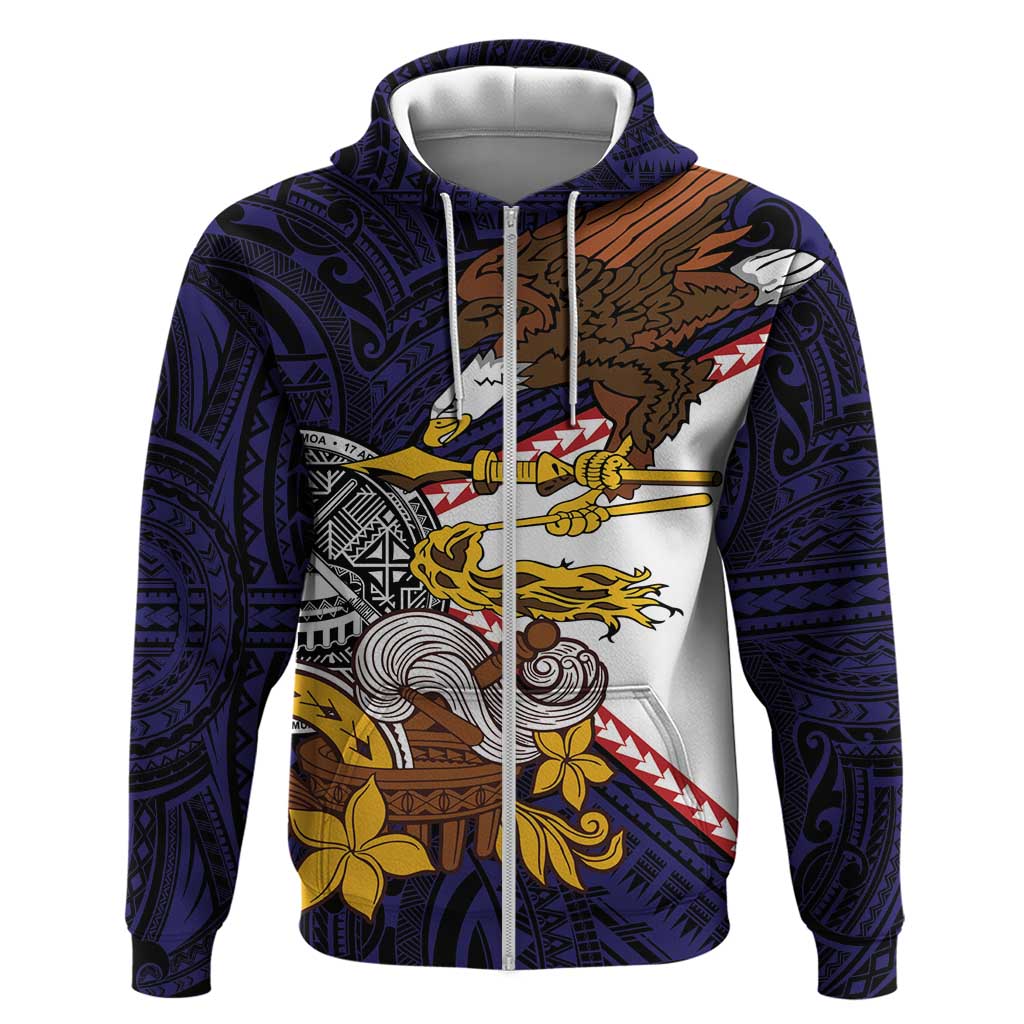 American Samoa Eagle Kava Bowl Zip Hoodie Plumeria Polynesian Pattern LT01 Zip Hoodie Black - Polynesian Pride
