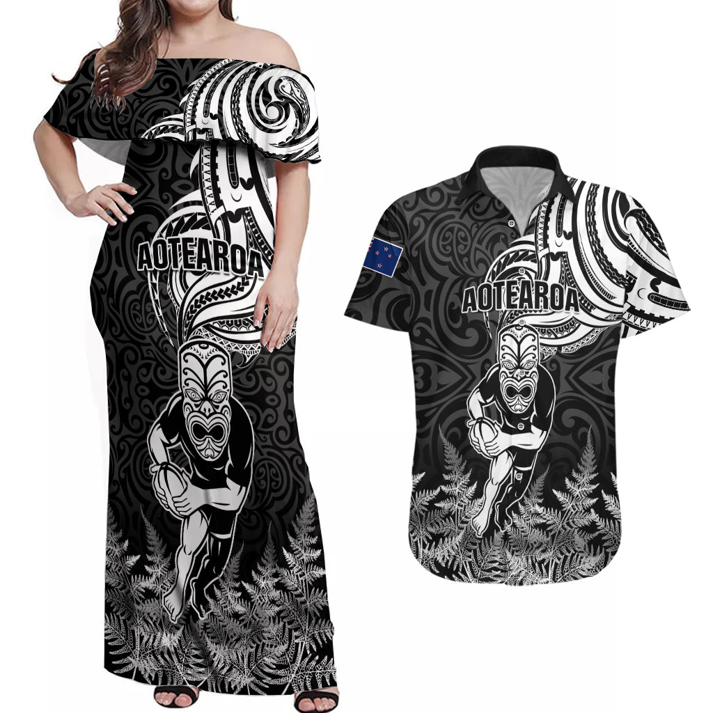 New Zealand Silver Fern Rugby Couples Matching Off Shoulder Maxi Dress and Hawaiian Shirt Maori Tiki Player With Ta Moko Tribal LT01 Black - Polynesian Pride
