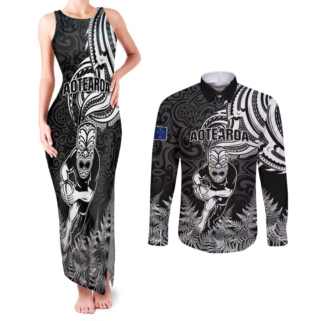 New Zealand Silver Fern Rugby Couples Matching Tank Maxi Dress and Long Sleeve Button Shirts Maori Tiki Player With Ta Moko Tribal LT01 Black - Polynesian Pride