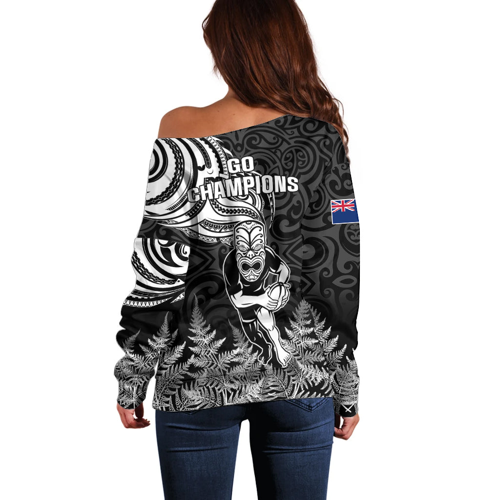 New Zealand Silver Fern Rugby Off Shoulder Sweater Maori Tiki Player With Ta Moko Tribal LT01 - Polynesian Pride