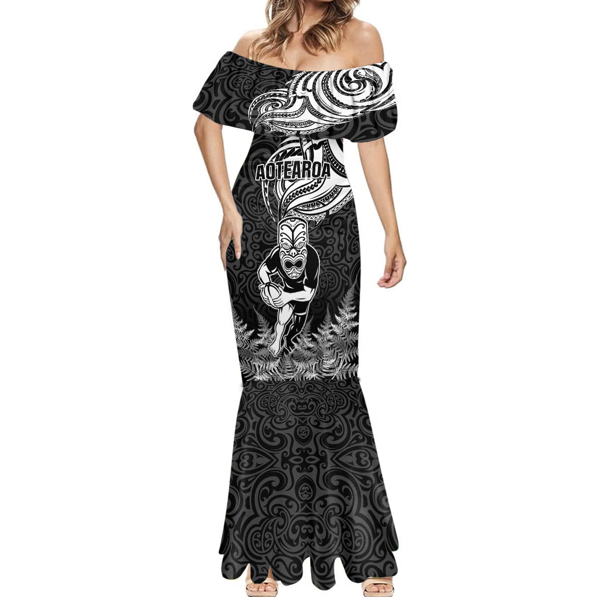 Custom New Zealand Silver Fern Rugby Mermaid Dress Maori Tiki Player With Ta Moko Tribal LT01 - Polynesian Pride