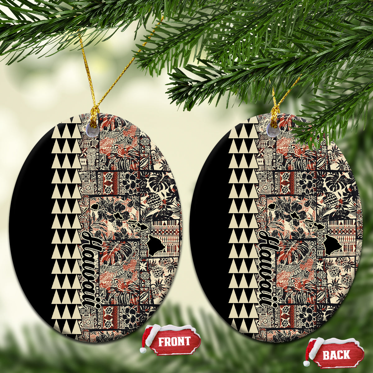 Hawaiian Quilt Ceramic Ornament Hibiscus Kakau Vintage Style LT01 Oval Beige - Polynesian Pride